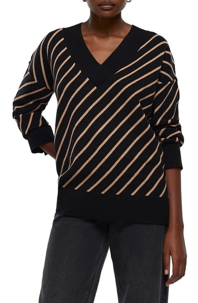 Shop River Island Diagonal Stripe Jacquard Sweater In Black
