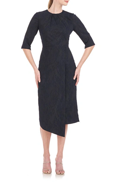 Shop Kay Unger Gloria Asymmetric Floral Jacquard Drape Detail Cocktail Midi Dress In Dark Midnight