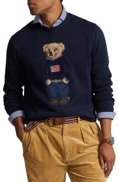 Shop Polo Ralph Lauren Polo Bear Cotton & Linen Crewneck Sweater In Navy