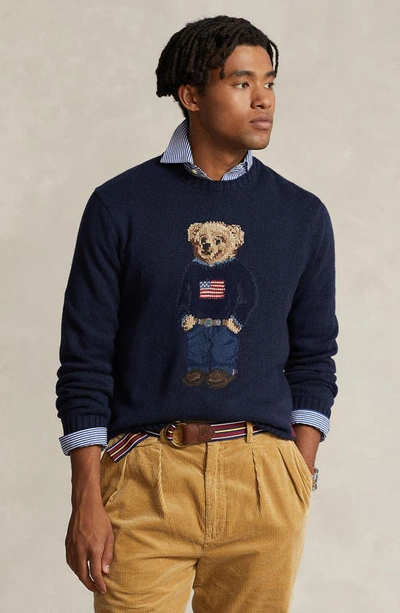 Shop Polo Ralph Lauren Polo Bear Cotton & Linen Crewneck Sweater In Navy