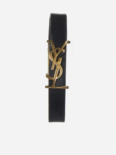 Shop Saint Laurent Opyum Ysl Logo Leather Bracelet In Black