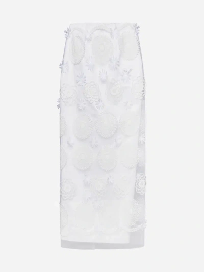 Shop Prada Embroideries Silk Midi Skirt In White