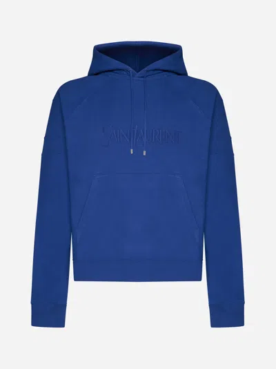Shop Saint Laurent Logo Cotton Hoodie In Blue