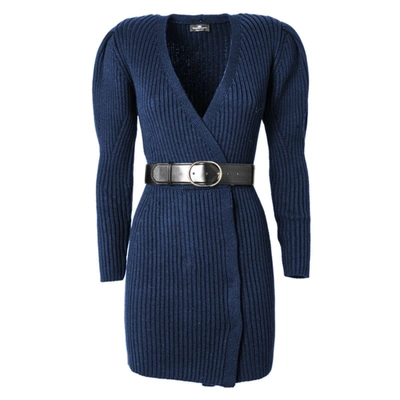 Shop Elisabetta Franchi Elegant Long-sleeved Knit Dress With Women's Belt In Blue