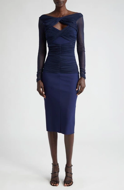 Shop Chiara Boni La Petite Robe Leitha Long Sleeve Ruched Cutout Twist Detail Dress In 743 Blu Notte