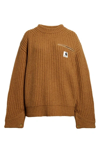 Shop Sacai Carhartt Wip Logo Patch Wool Blend Rib Sweater In Beige