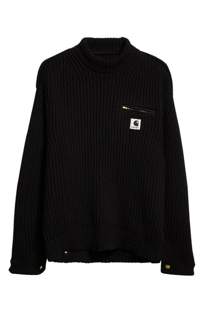 Shop Sacai Carhartt Wip Logo Patch Wool Blend Rib Sweater In Black