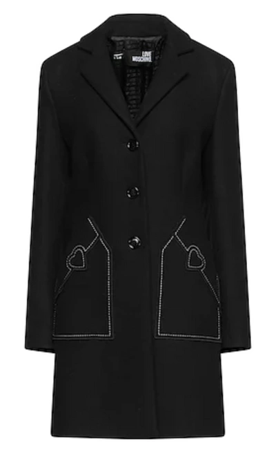 Shop Love Moschino Chic Wool Blend Black Coat With Heart Women's Detail