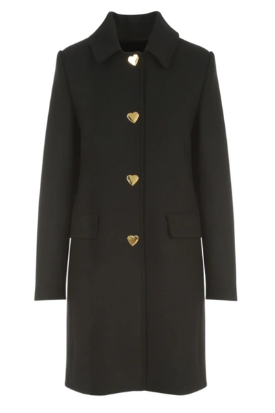 Shop Love Moschino Elegant Black Wool Coat With Heart Women's Buttons