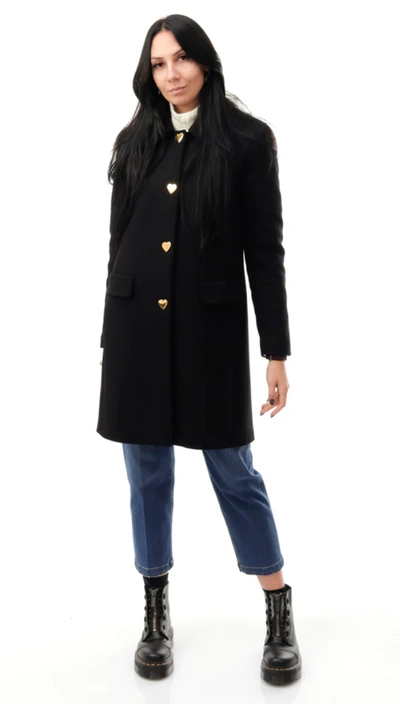 Shop Love Moschino Elegant Black Wool Coat With Heart Women's Buttons
