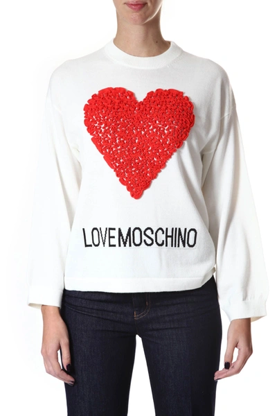 Shop Love Moschino Embossed Heart Wool Blend Women's Sweater In White