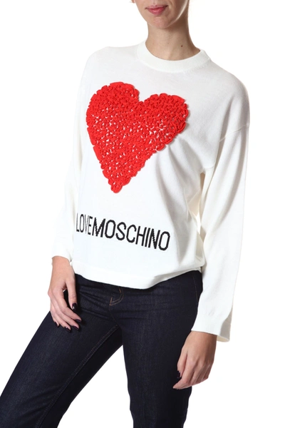 Shop Love Moschino Embossed Heart Wool Blend Women's Sweater In White