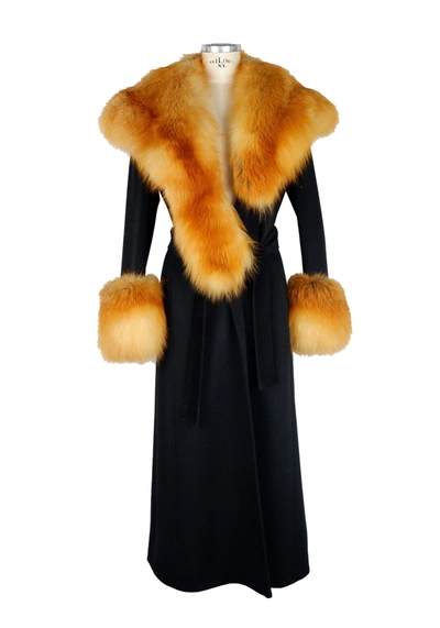 Shop Made In Italy Elegant Black Wool Coat With Fox Fur Women's Accents