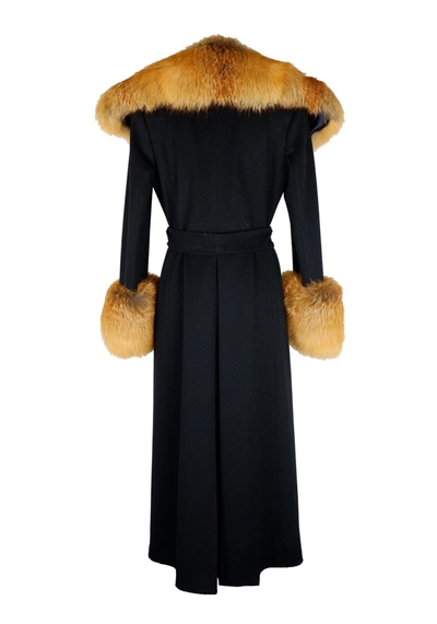 Shop Made In Italy Elegant Black Wool Coat With Fox Fur Women's Accents