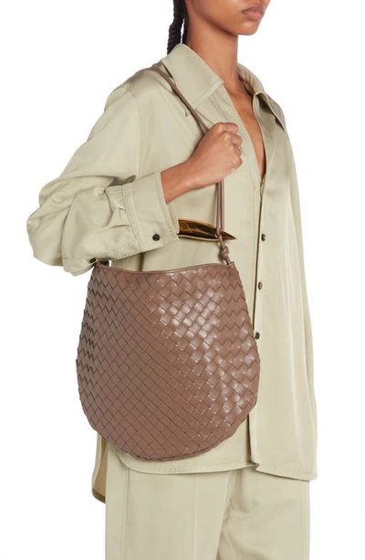 Shop Bottega Veneta Sardine Intrecciato Crossbody Bag In 2562 Taupe Grey-m Brass