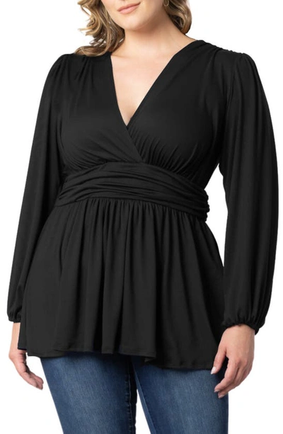 Kiyonna Plissé Puff Shoulder Top In Black