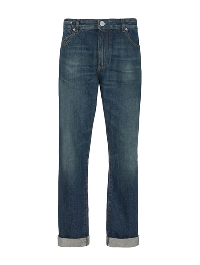 Shop Balmain Vintage Logo-patch Straight-leg Jeans In Blue