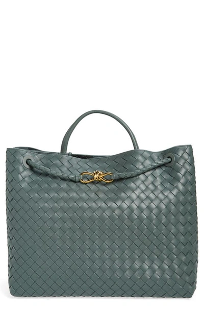 Shop Bottega Veneta Large Andiamo Intrecciato Leather Shoulder Bag In Slate Brass Slate