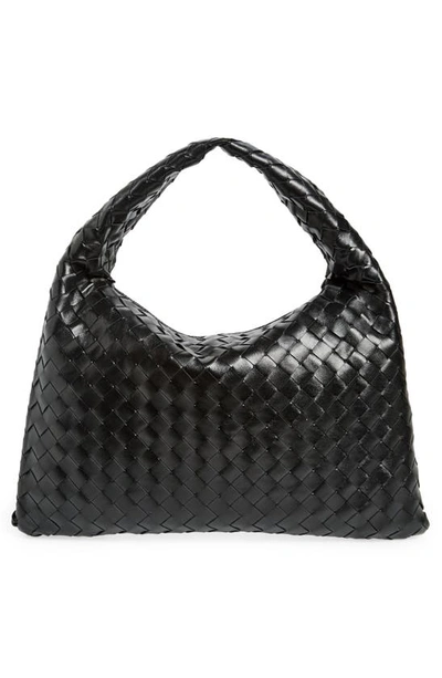 Bottega Veneta Hop Intrecciato Leather Shoulder Bag In 1019 Black-m Brass