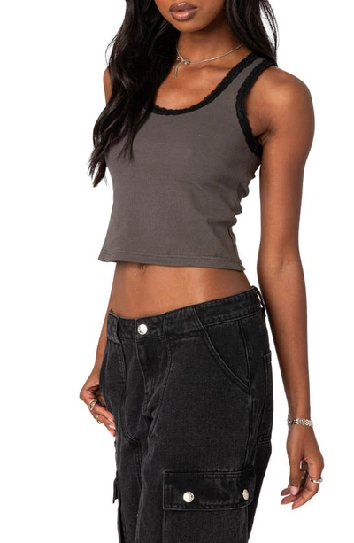 Edikted Alix Lace Rib Crop Tank In Gray