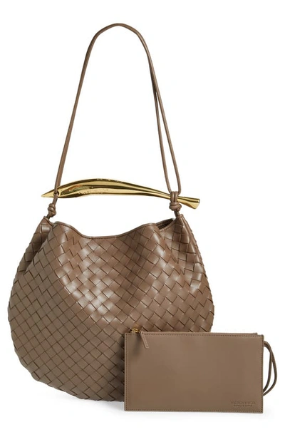 Shop Bottega Veneta Sardine Intrecciato Leather Top Handle Bag In 2562 Taupe Grey-m Brass