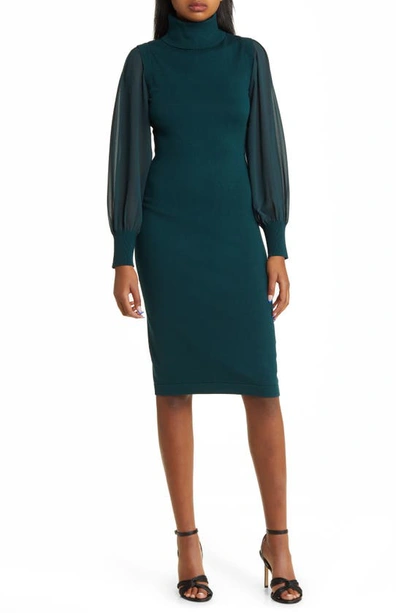 Shop Vince Camuto Chiffon Long Sleeve Turtleneck Sweater Dress In Spruce