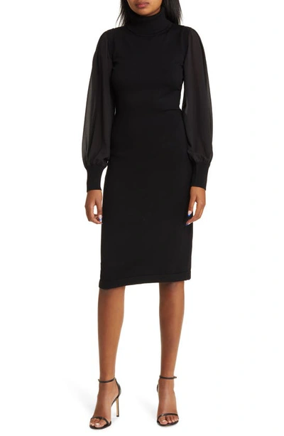 Shop Vince Camuto Chiffon Long Sleeve Turtleneck Sweater Dress In Black