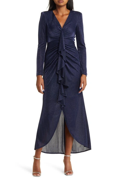 Shop Vince Camuto Metallic Long Sleeve High-low Gown In Navy