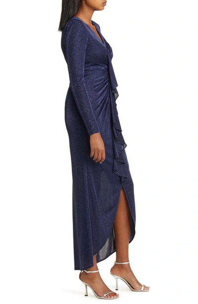 Shop Vince Camuto Metallic Long Sleeve High-low Gown In Navy