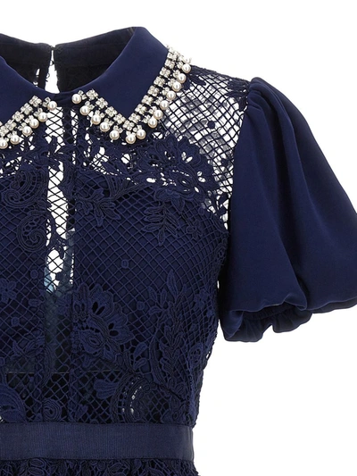 Shop Self-portrait 'navy Lace Diamante Collar Mini' Dress In Blue