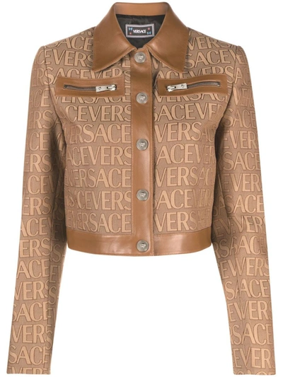 Shop Versace Cropped  Allover Jacket In Brown