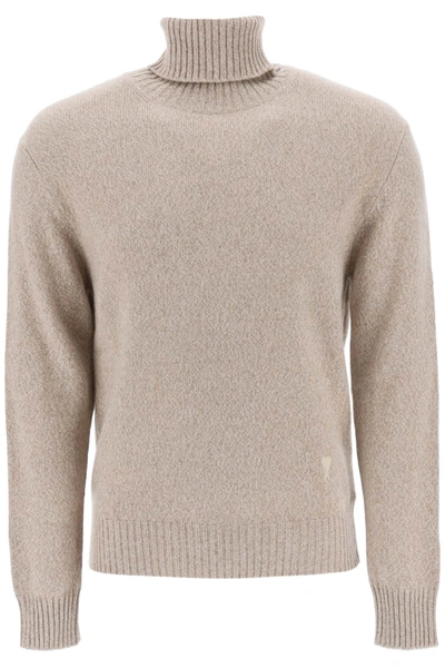 Shop Ami Alexandre Mattiussi Melange Effect Cashmere Turtleneck Sweater In Beige