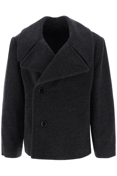 Shop Lemaire Double Breasted Peacoat In Melange Wool In Grey