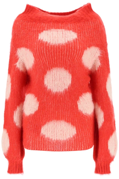 Shop Marni Jacquard Knit Sweater With Polka Dot Motif In White, Red