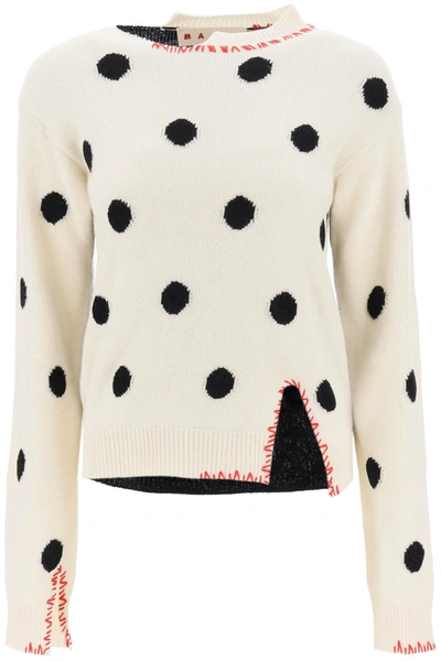 Shop Marni Two Tone Wool Sweater With Polka Dot Motif In White, Black