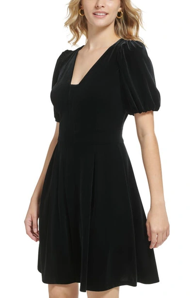 Shop Karl Lagerfeld Puff Sleeve Velvet A-line Dress In Black