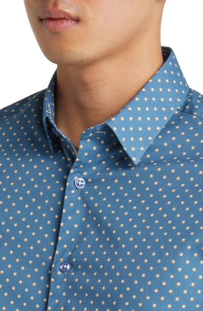 Shop Stone Rose Painted Dot Print Stretch Cotton Button-up Shirt In Slate Blue