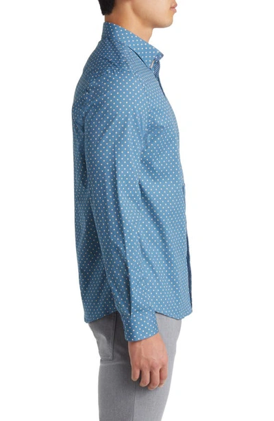 Stone Rose Painted Dot Print Stretch Cotton Button-up Shirt In Slate Blue