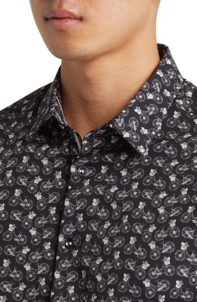 Shop Stone Rose Bicycle Print Stretch Cotton Button-up Shirt In Black