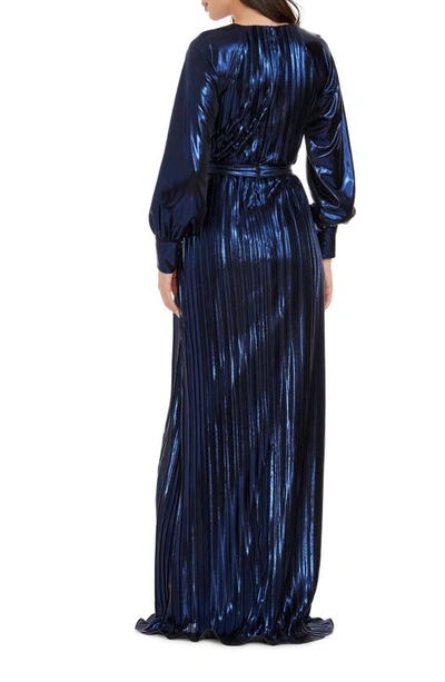 Shop Dress The Population Calista Metallic Jacquard Stripe Long Sleeve Gown In Midnight Blue