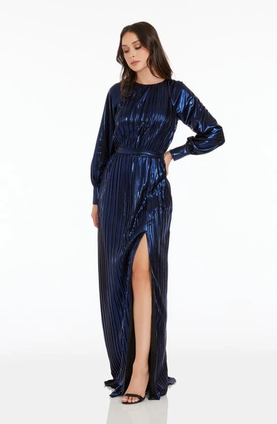 Shop Dress The Population Calista Metallic Jacquard Stripe Long Sleeve Gown In Midnight Blue