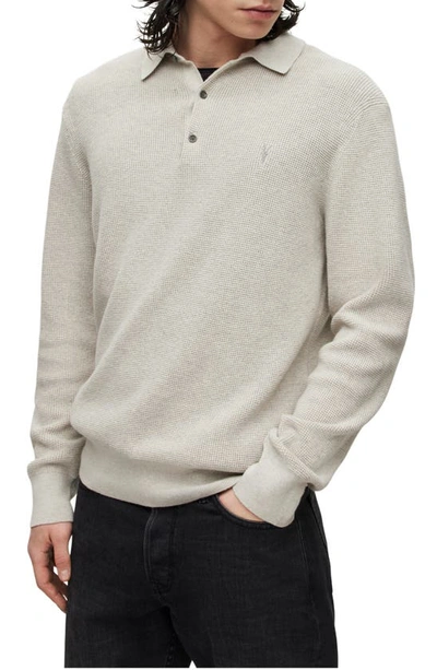 Shop Allsaints Long Sleeve Cotton & Wool Thermal Polo Sweater In Stone Taupe Marl