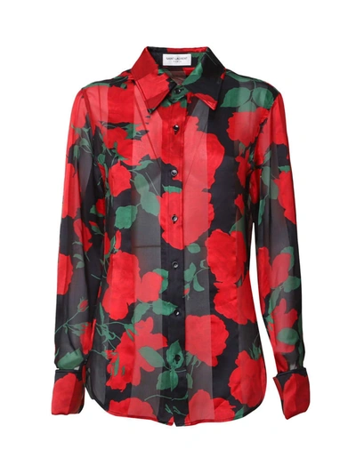 Shop Saint Laurent Floral Print Silk Shirt In Black/crimson
