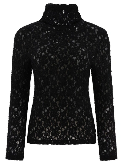 Chloé Turtleneck Long-sleeve Smocked Lace Top In Black