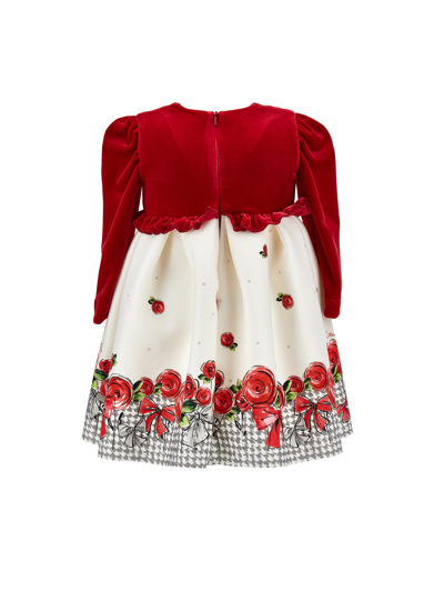 Monnalisa Chenille Dress With Roses In Cream + Ruby Red