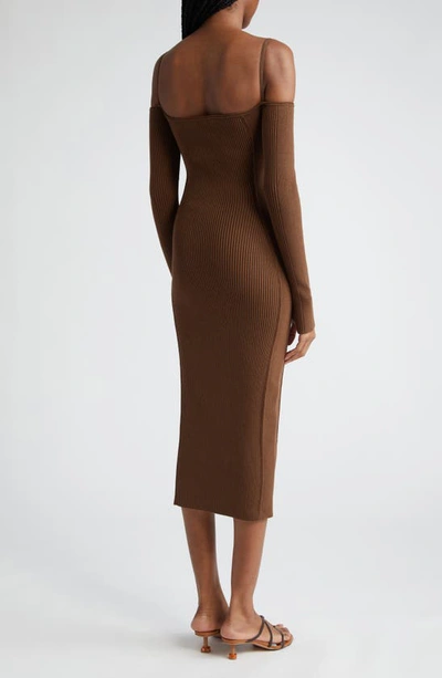 Shop Jacquemus La Robe Sierra Cold Shoulder Long Sleeve Rib Cotton Sweater Dress In Brown