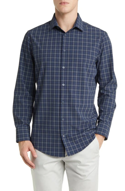 Shop Mizzen + Main Mizzen+main Leeward Navy Dallas Plaid No-tuck Stretch Performance Button-up Shirt In Blue