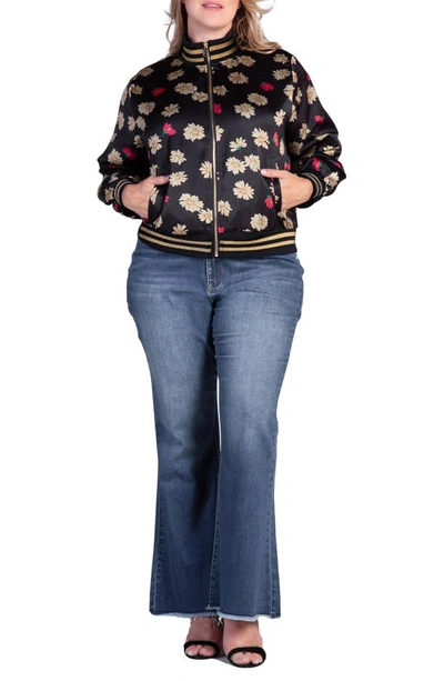 S And P Naos Floral Satin Bomber Jacket In Black Sparkler