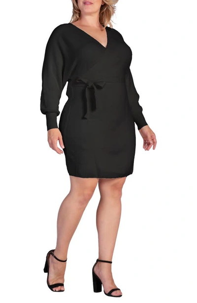 Shop S And P Ursa Long Sleeve Wrap Sweater Minidress In Black