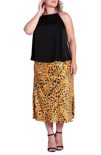 S And P Izar High Waist Satin Midi Skirt In Gold Print